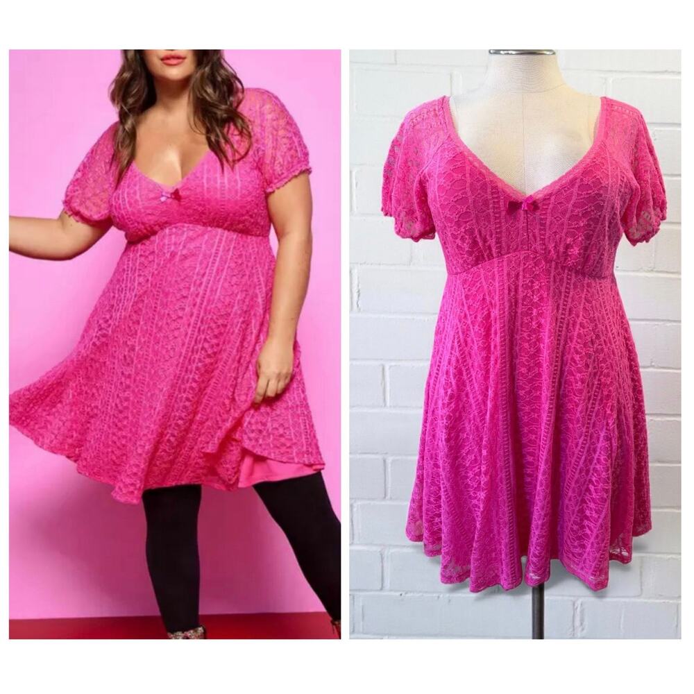 Torrid 0 (0X) New Betsey Johnson Hot Pink Fit N Flare Puff Sleeve Party Dress‎